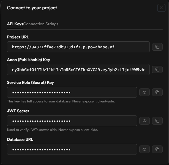 The Powabase Connect dialog showing the Project URL, Anon key, Service Role key, JWT secret, and Database URL