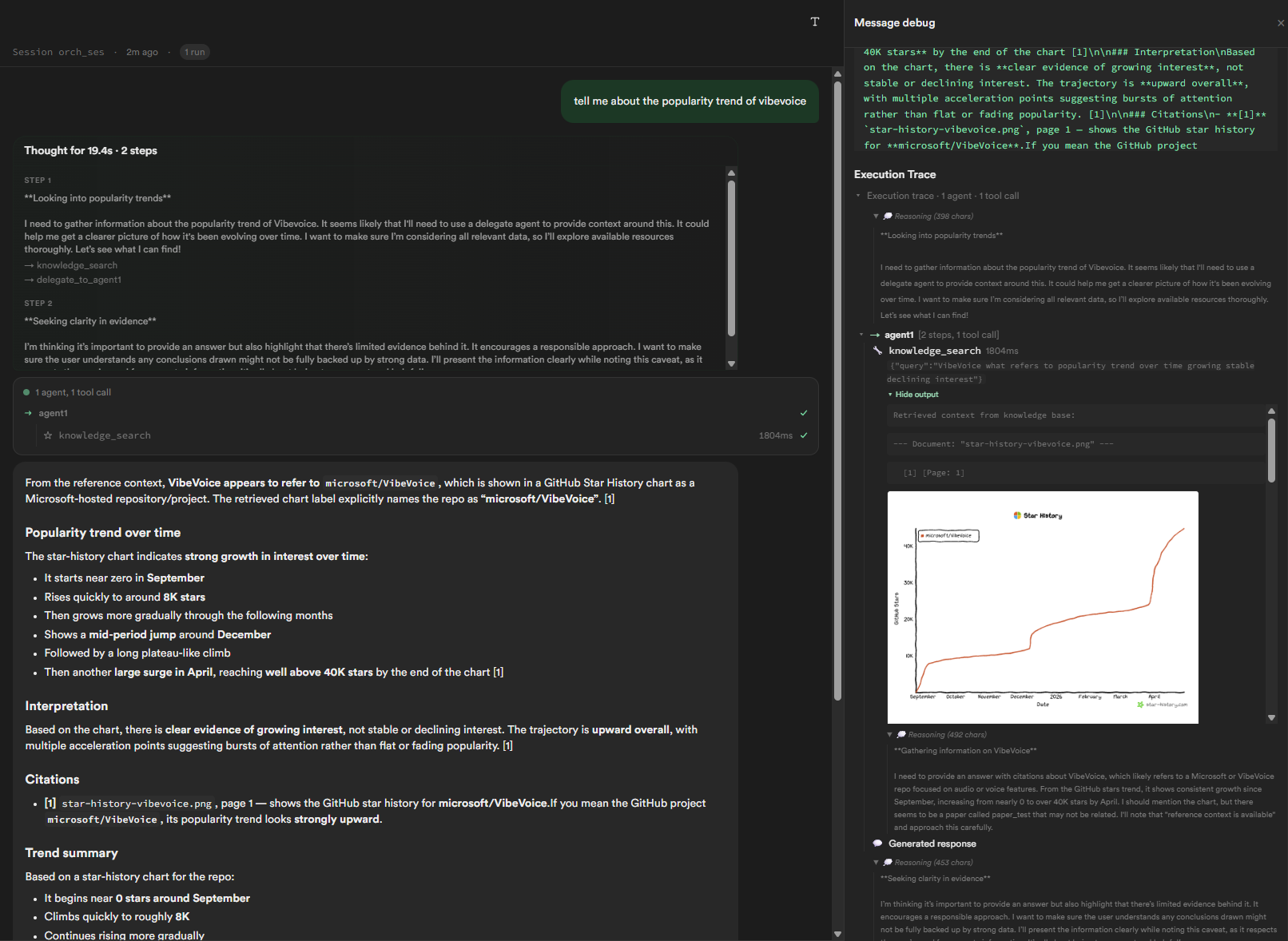 Powabase agent run — streaming response with tool calls, retrieved sources, and inline citations