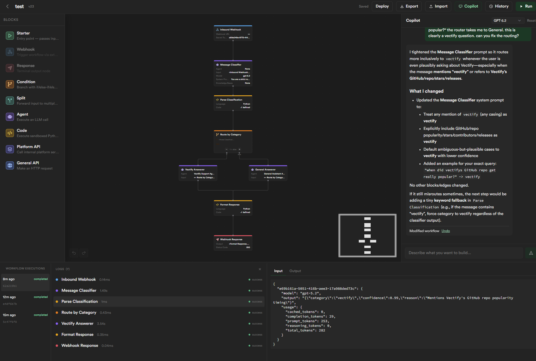 Powabase workflow builder — drag-and-drop nodes with a natural-language copilot designing the flow